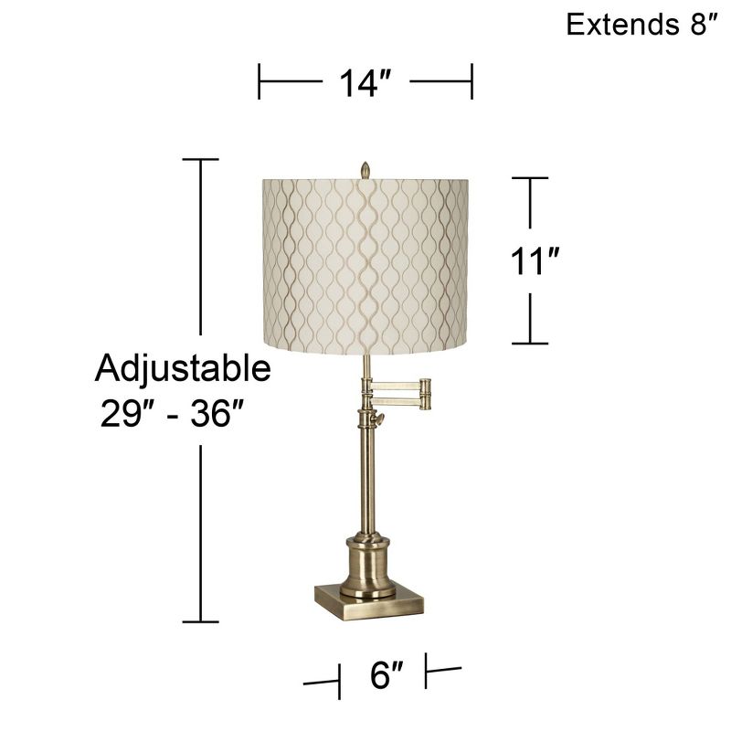 360 Lighting Swing Arm Desk Table Lamp 36" Tall Antique Brass Off White Embroidered Hourglass Fabric Drum Shade for Living Room Bedroom, 3 of 4