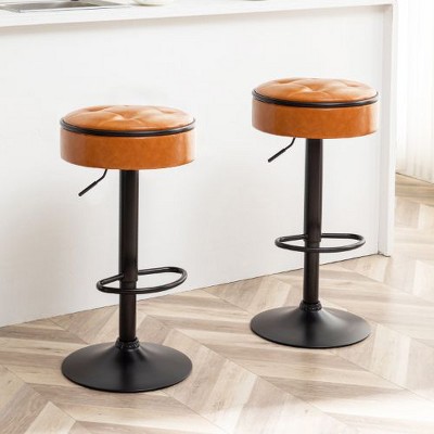 CAVINAS Round Storage Bar Stool, Height Adjustable Barstool, 360° Counter Height Swivel Dining Chair, PU Leather Padded Seat, Armless Bar Chair- 2PCS