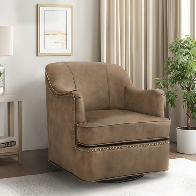 Arceso Grayish Brown Genuine Leather Curved Back Swivel Accent Arm Chair with Nailhead Trims and Metal Base