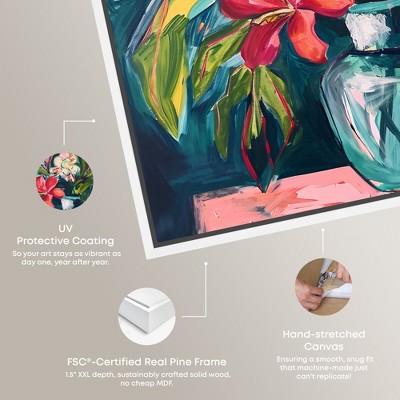 Bright Tropical Flowers on Canvas with White Frame, 31" x 31"