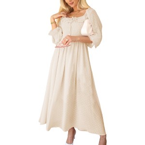 Anna-Kaci Women's Smocked Long Sleeve Swiss Dot Lined Maxi Tie Neck Square Detail Dress - 1 of 4