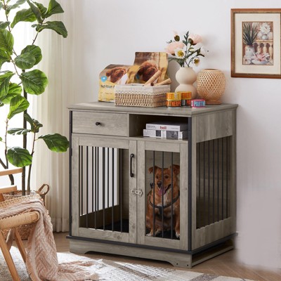 GustoWave 32Inch Dog Crate Wooden, Lockable Dog Kennel with Removable Tray and Storage Drawer, Indoor Dog Crate Furniture Pet Cage, Grey