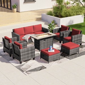 Sonkuki 8 Pieces Patio Sofa with Rectangle Fire Pit Table and Ottomans, Wicker Conversation Couch, Light Gray Cushion - 1 of 4