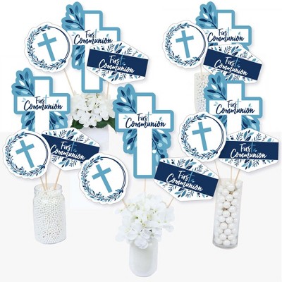 Big Dot of Happiness First Communion Blue Elegant Cross - Boy Religious Party Centerpiece Sticks - Table Toppers - Set of 15