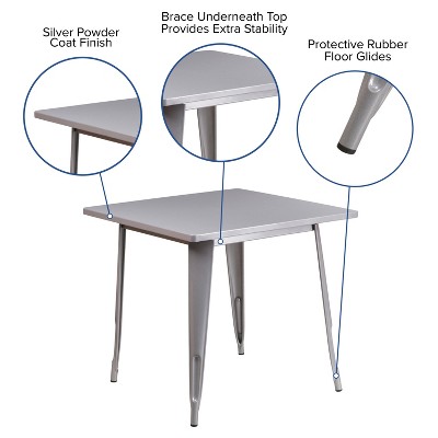 Silver Metal Square Indoor-Outdoor Dining Table, 31.5"
