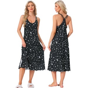 cheibear Women's Sleeveless Racer Back Full Slip Camisole Midi Nightgowns - 1 of 4