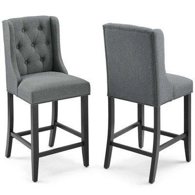 Modway Baronet Bar Stools – Set of 2 Upholstered Fabric Counter Height Chairs in Gray with Chrome Legs