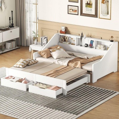 Streamdale Twin To King Size Daybed Frame With Storage Bookcases And Two Drawers, Charging Design, White