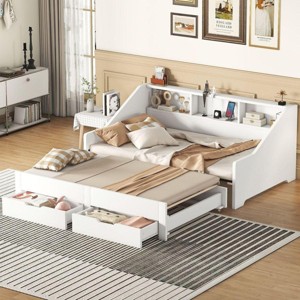 Streamdale Twin To King Size Daybed Frame With Storage Bookcases And Two Drawers, Charging Design, White - 1 of 4