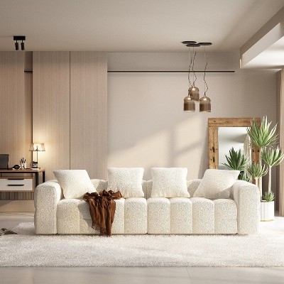 100.8"W Famapy Modern 4-Seat White Teddy Velvet Sofa with Solid Wood Base