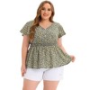 Women's Plus Size Floral Smocked Waist Flare Sleeve V Neck Peplum Blouses - Agnes Orinda - 3 of 4