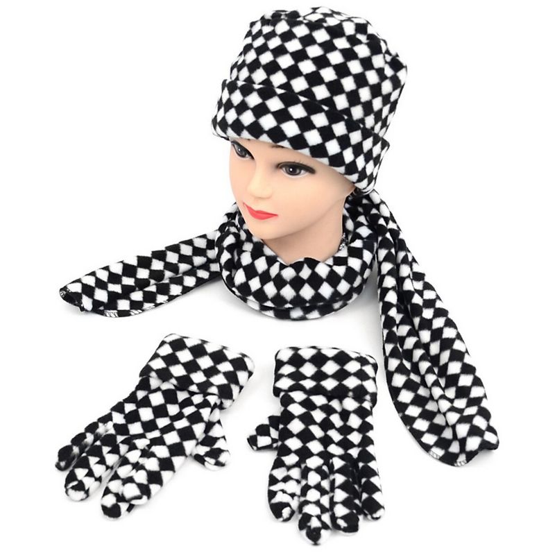 Girl's 6-12 Black And White Checkered Fleece 3-Piece gloves scarf Hat Winter Set, 2 of 4