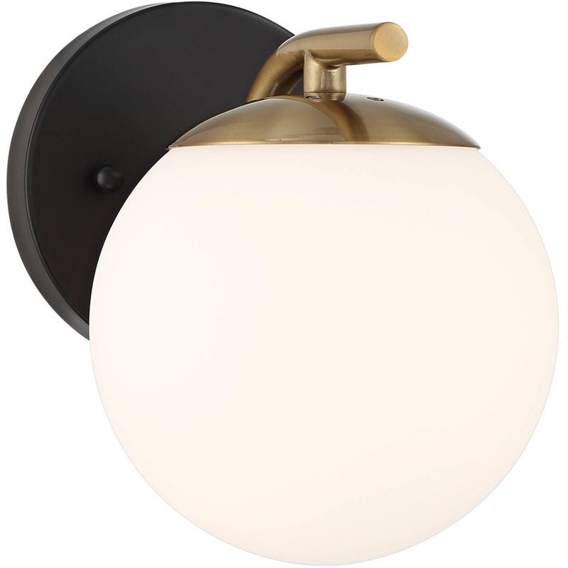 Possini Euro Design Kamara Mid Century Modern Wall Light Sconce Soft Gold Black Hardwire 6" Fixture Frosted White Globe Glass Shade for Bedroom Vanity, 1 of 10