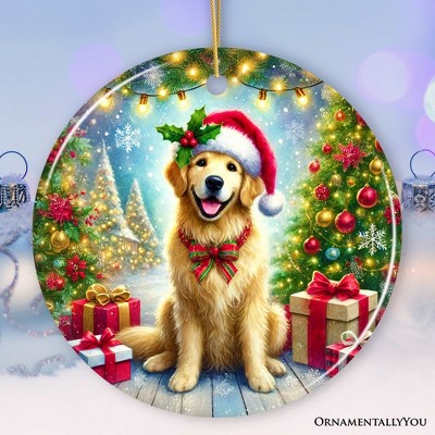 Heart-Shaped Festive Golden Retriever Porcelain Ornament
