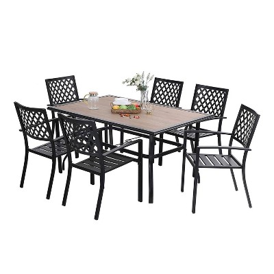 7pc Metal Patio Dining Set with Rectangular Umbrella Table & 6 Stackable Chairs - Captiva Designs