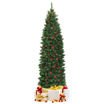 Tangkula Pencil Christmas Tree  Hinged Artificial Slim Xmas Tree with Sturdy Metal Stand