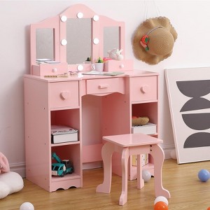 2-in-1 Girls Vanity Table with Tri-Fold Mirror & Light - Wooden Princess Makeup Desk with Stool & Drawer for Pretend Play - 1 of 4
