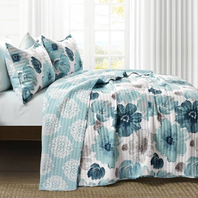 Leah Blue Floral Reversible Microfiber Full Quilt Set