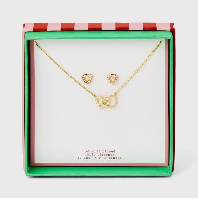 14K Gold Dipped Cubic Zirconia Double Heart Pendant Necklace and Stud Earring Set 2pc - A New Day™ Gold