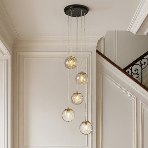 ALOADECOR 12'' 5-Light Modern Clear Ripple Glass Staircase Chandelier Globe Bubble Textured Glass Pendant In Matte Black For Foyer Entryway - 1 of 4