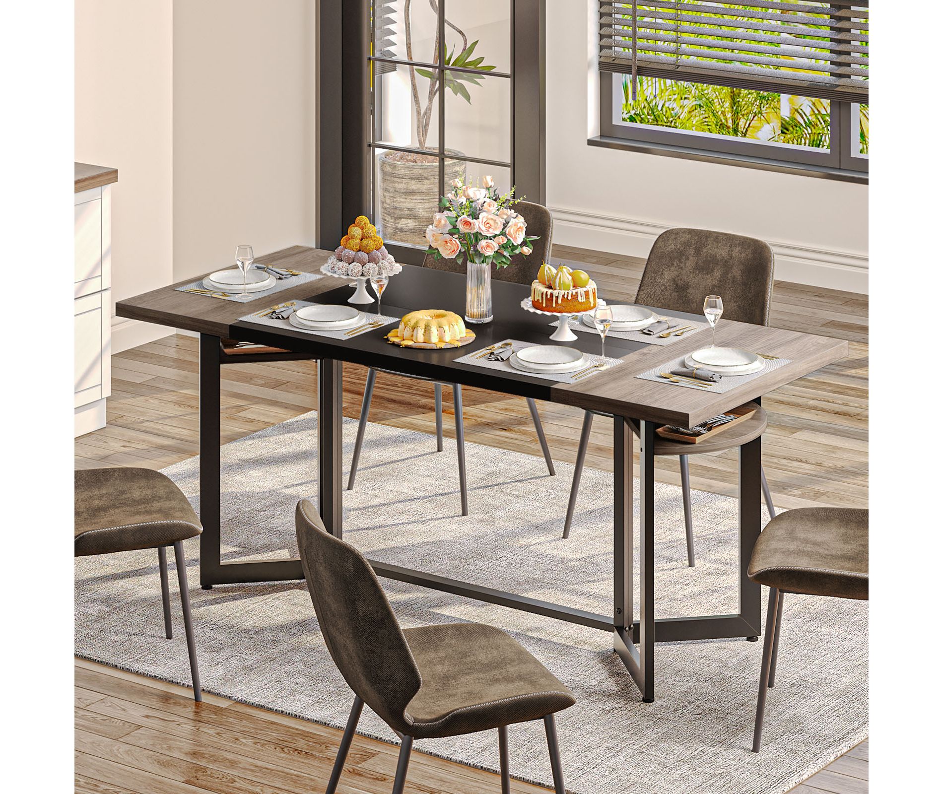 Bestier 70" Dining Table for 6-8 Wooden Kitchen Table or Computer Desk with Shelves and Metal Legs - Gray