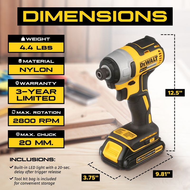 DeWalt 20V MAX 1/4 Inch Brushless Cordless Impact Driver Kit with Charger and Storage Bag Ideal for Assembling Cabinetry and Fastening Door Hinges, 4 of 7