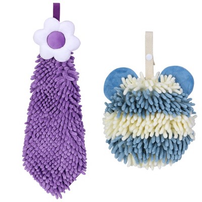 REGALWOVEN Soft Absorbent Cute Fuzzy Hanging Decorative Bathroom Chenille Hand Towel 6" x 15"/7" x 7" 2 Packs