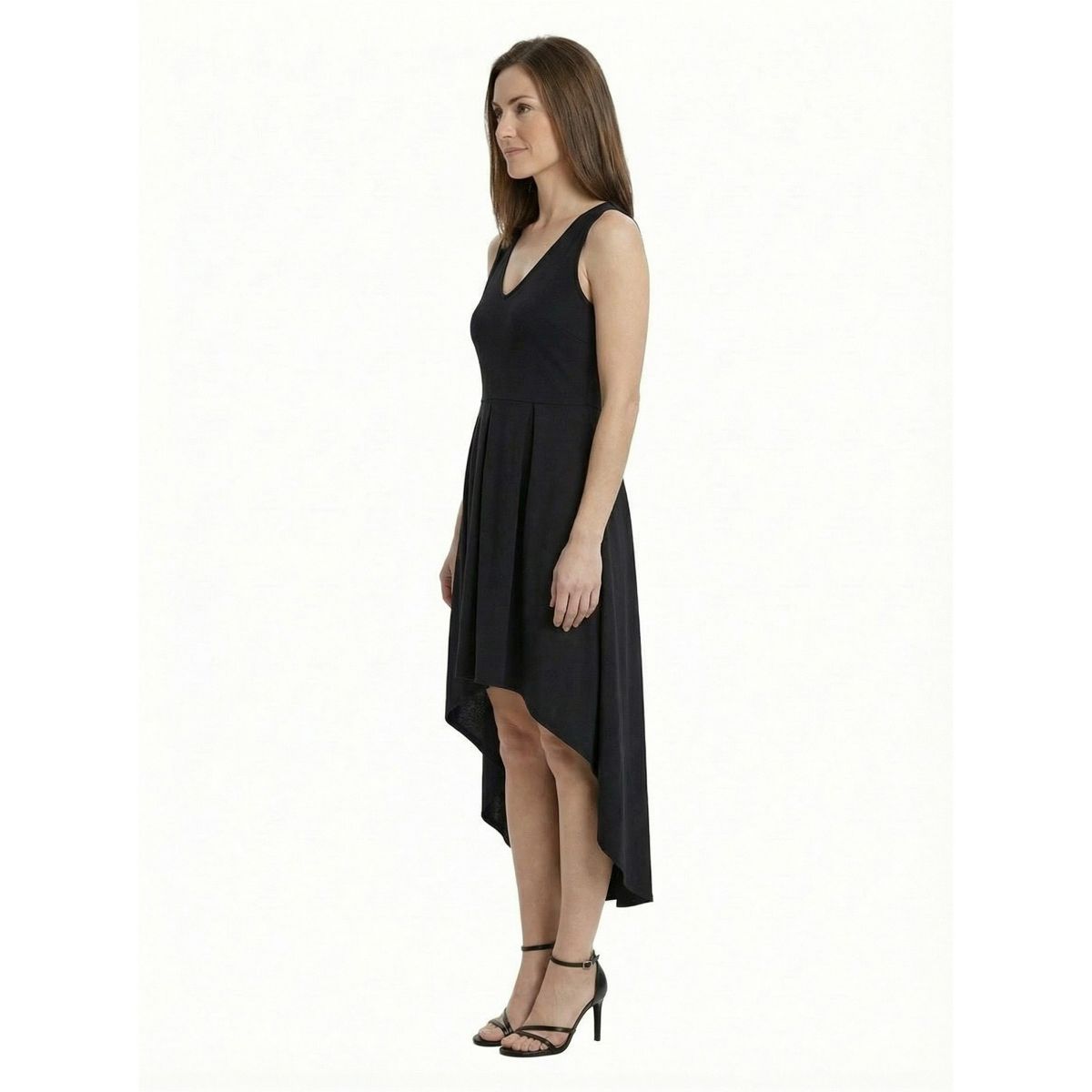 24seven Elevate Petite Sleeveless V Neck High Low Pleated Fit N Flare Pocket Midi Dress - thumbnail 2
