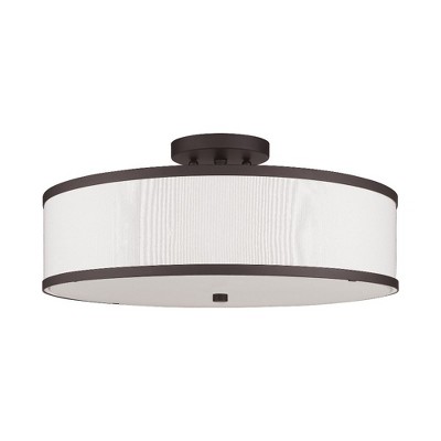 Bronze Contemporary 3-Light Semi-Flush Mount with Off-White Fabric Shade