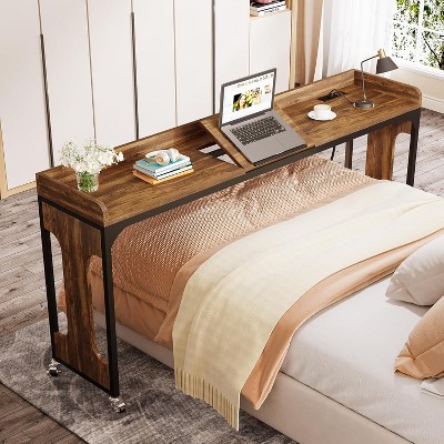 Vynxaria 35.4" to 43.3" Height Adjustable Overbed Table with Wheels, 70.8" Queen Size Mobile Laptop Desk, Rolling Computer Cart