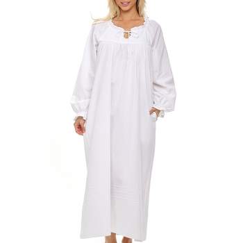 Women's Cotton Victorian Poet's Nightgown with Pockets, Juliet Long Sleeve Ruffled Nightshirt Vintage Night Dress Gown