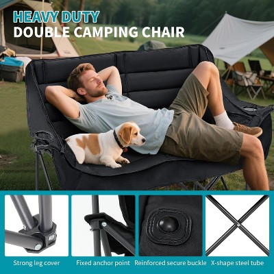Man relaxing on a double camping chair with a dog; collage of features at bottom
