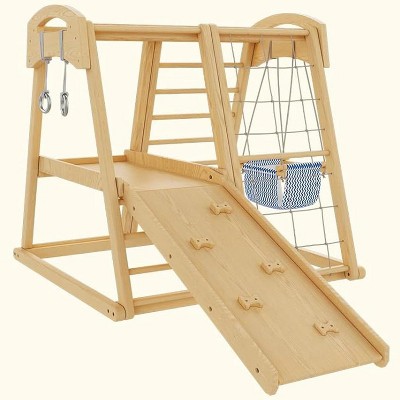 Whizmax 8-in-1 Indoor Playground - Wooden Climber with Slide, Rock Climbing Wall, Rope Wall,Rope Ladder Monkey Bars, and Swing