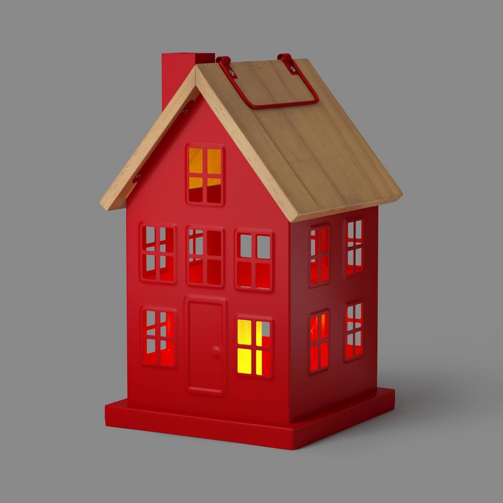 9.75" Christmas House Shaped LED Lantern Decor Red - Wondershop™