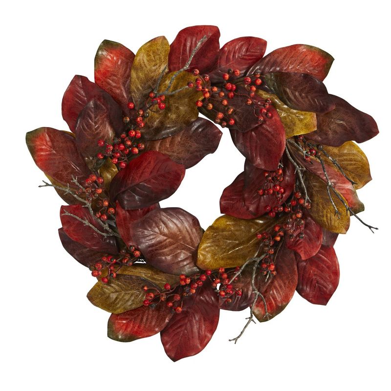 Nearly Natural 24” Harvest Magnolia Leaf and Berries Artificial Wreath, 1 of 4