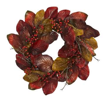 Nearly Natural 24” Harvest Magnolia Leaf and Berries Artificial Wreath