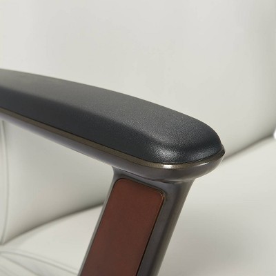 White Leather and Wood Swivel Executive Office Chair with Lumbar Support