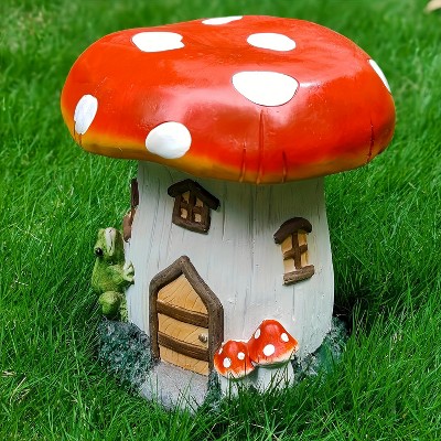Vynxaria 13.4'' Mushroom House Resin Stool, Oversized Garden Sculpture, Fairy Forest Decor, Indoor Outdoor Courtyard Lawn Home Accent