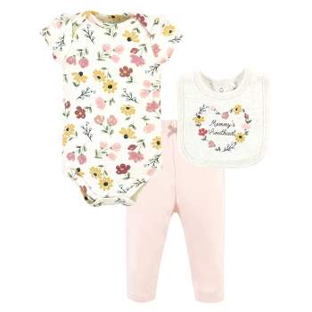 Hudson Baby Infant Girl Cotton Bodysuit, Pant and Bib Set, Soft Painted Floral