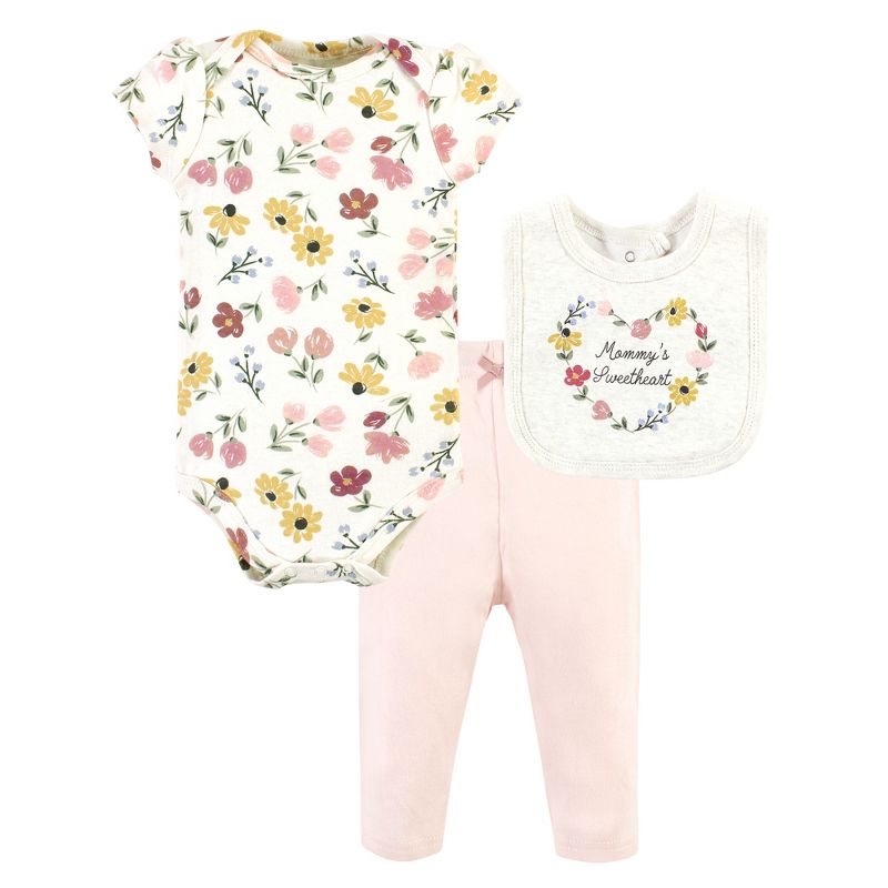 Hudson Baby Infant Girl Cotton Bodysuit, Pant and Bib Set, Soft Painted Floral, 1 of 6