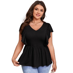 Womens Plus Size Ruffle Peplum Tops Summer Short Sleeve Casual Blouse V Neck T Shirts - 1 of 4