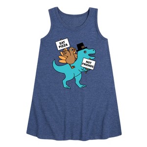 Girls' - Instant Message - Eat Pizza Turkey Dino Graphic Sleeveless Aline Dress - 1 of 4