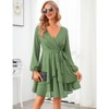 Coolmee Women's Dress Deep V-Neck Long Sleeve Waist Tie Ruffle Mini Swing Skater Dresses - 3 of 4
