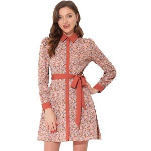 Allegra K Women's Contrast Collar Button Front Vintage Long Sleeve Floral Shirt Dresses - 1 of 4