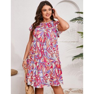 Plus Size Women's Round Neck Shirred Dress Flowy Midi Dress with Pockets, All-Over Floral Print - 1 of 4
