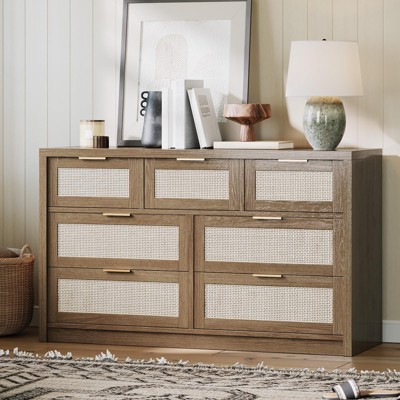7 Drawers Dresser, 52" Wide Rattan Dresser Modern Chest of Drawers with Metal Handle