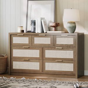 7 Drawers Dresser, 52" Wide Rattan Dresser Modern Chest of Drawers with Metal Handle - 1 of 4