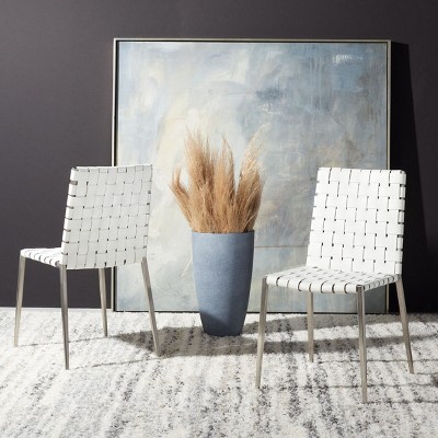 White Leather Upholstered Parsons Side Chair with Metal Base