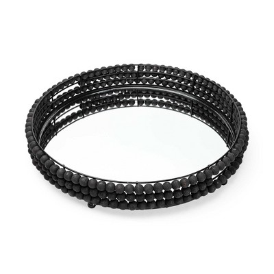 HomeRoots 21" Matte Black Wood With Bead Mirrored Glass Bottom Round Tray