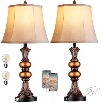 KTMBDW Traditional Touch Lamps for Night Stands Set of 2 - Bedside Lamps with USB, 3 Way Dimmable for Bedroom Living Room End Tables Office, Retro